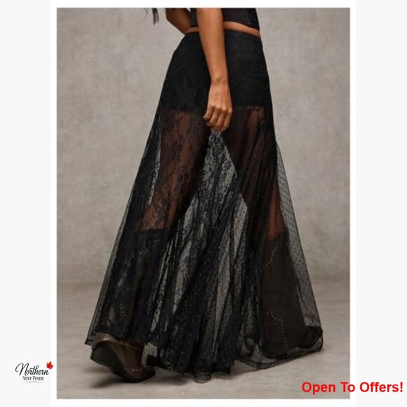 Sheer Lace Maxi Skirt Low Waist Ruffle Hem A Line Flowy - Picture 2 of 7